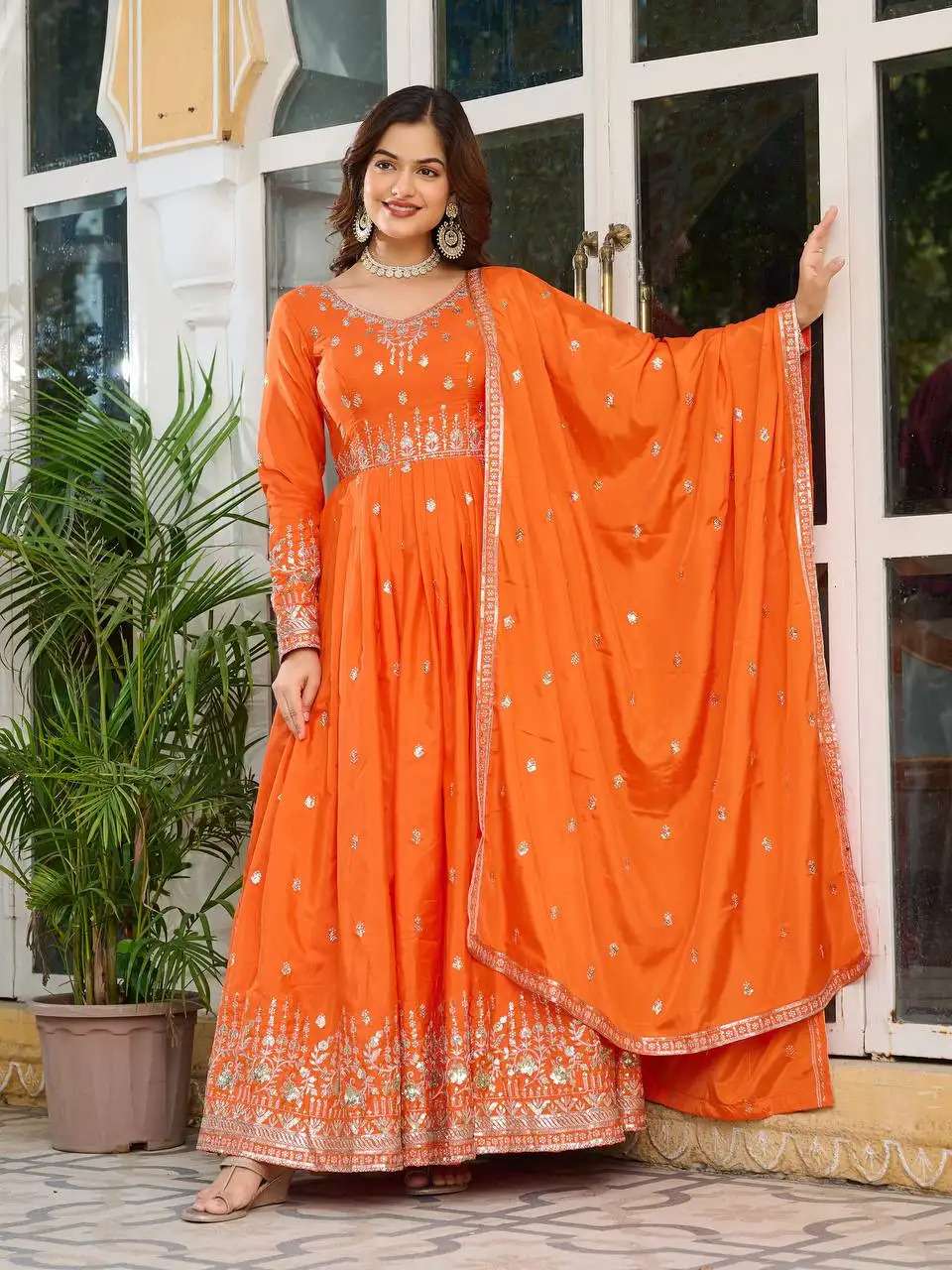 Women's American Silk Sequence Embroidery Long Anarkali Kurti (Gown) With Dupatta - Image 9