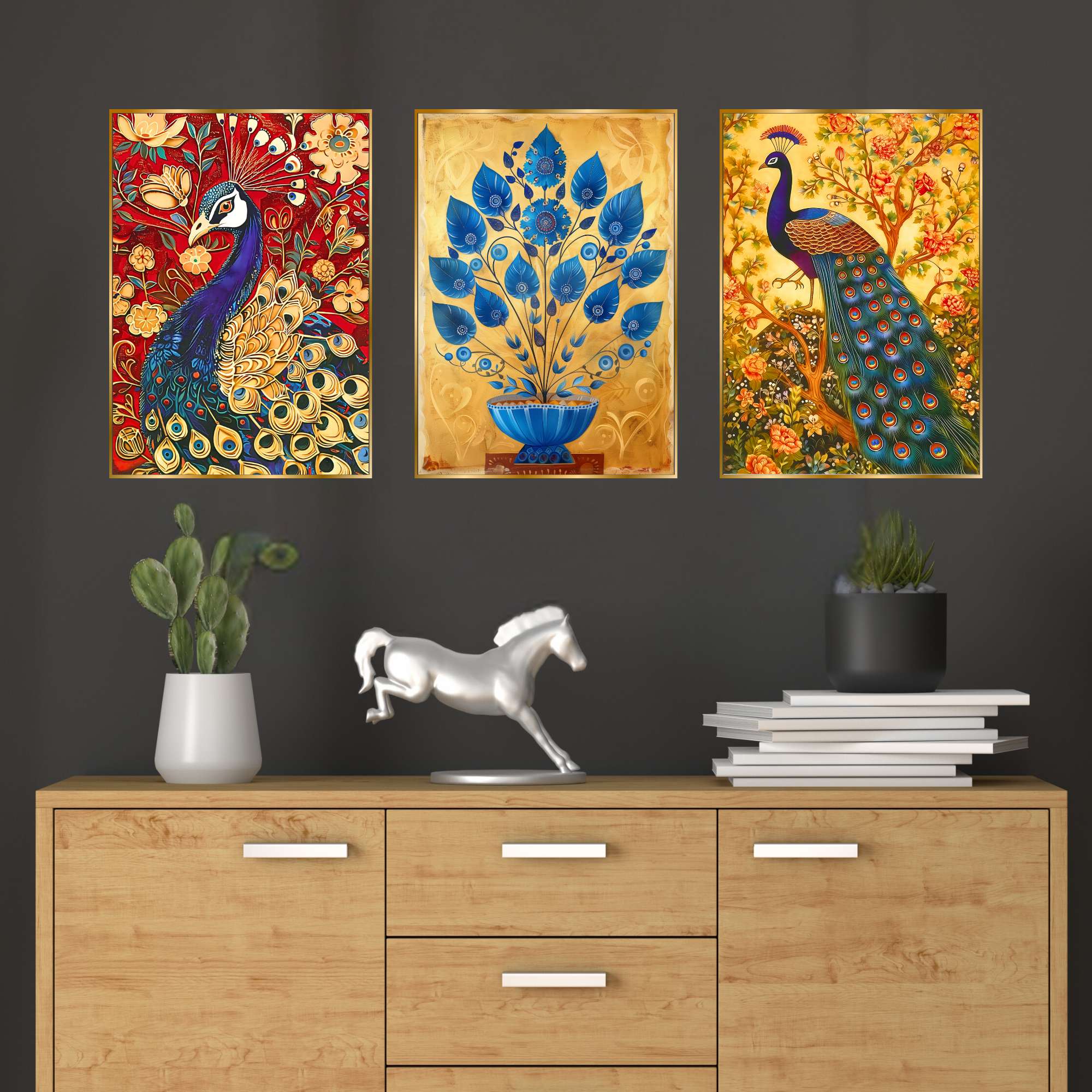 Set of Three Wall Paintings for Wall Dacoration Golden Framed Wall Paintings for Living Room & Bedroom Wall Art for Home Decoration & Office Wall Décor (24x18 inch CH-GD3-4)